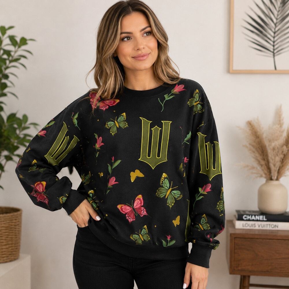 Wicked Large Black Butterfly Floral Gothic W Graphic Fleece Sweatshirt Large